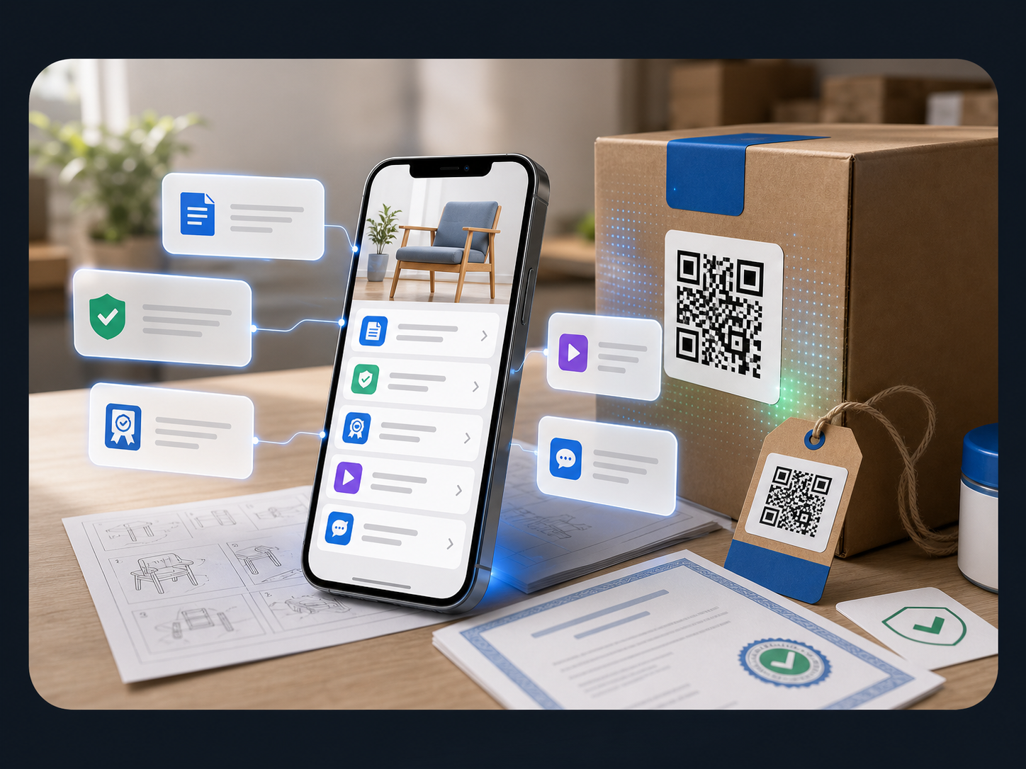 Схема работы QR-паспорта товара на упаковке и телефоне