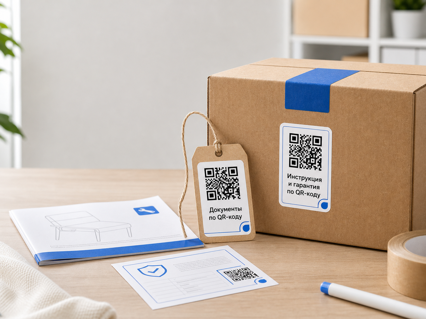 Упаковка товара с QR-кодом, документами и сертификатом